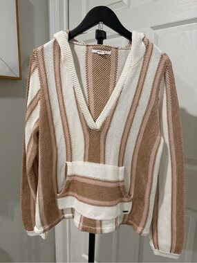 Striped V-Neck Hooded Sweater in Cream, light pink and Light Brown